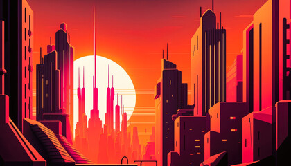 City skyline at sunset background, generative ai