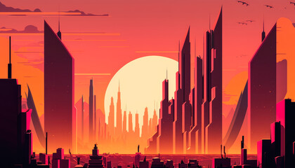 City skyline at sunset background, generative ai