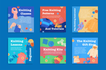 Obraz na płótnie Canvas Knitting lessons free patterns and tutorials poster set vector illustration