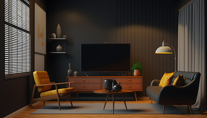 Fototapeta premium Modern black minimalist living room interior with TV set.