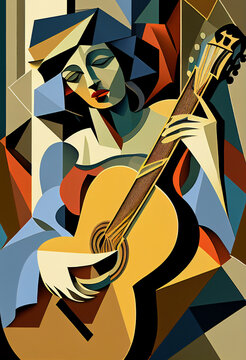 Afro-American female musician guitarist playing an acoustic guitar in an abstract cubist style painting for a poster or flyer, computer Generative AI stock illustration