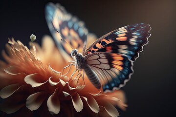 Fototapeta na wymiar Close up Realistic Butterfly flying over flower on warm light background, Created with Generative Ai