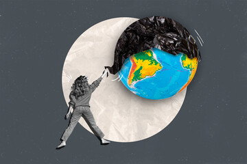Creative photo collage illustration of black white woman activist care about planet earth ecology isolated on grey color background