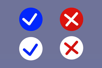 Check mark and cross or x icon in flat style on blue grey background. Vector banners with check marks confirmation.