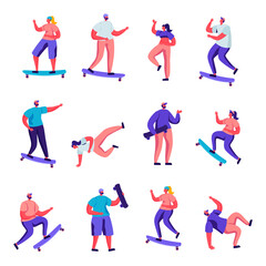 Fototapeta na wymiar Set of Flat Girls and Boys Skateboarding Characters. Cartoon People Teenagers Male and Female Riding Skate Board, Dancing, Jumping, Youth Urban Culture. Illustration.