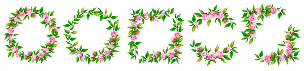 Set of frames and wreaths of pink peonies. Watercolor designs for the design of greeting cards, invitations, congratulations, posters, announcements. Wedding, Valentine's Day, birthday, anniversary.