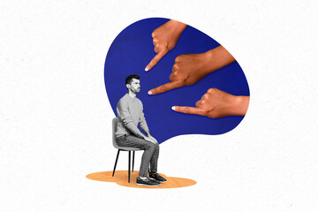 Creative image magazine poster collage of stress guy boycott society pointing finger bullying...