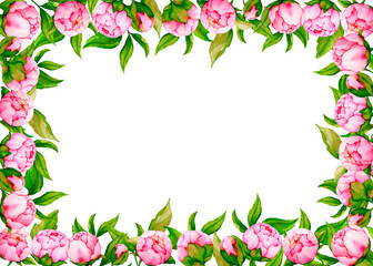Obraz na płótnie Canvas Rectangular frame of pink peonies. Watercolor banner for the design of greeting cards, invitations, congratulations, posters, announcements. Wedding, Valentine's Day, birthday, anniversary design. 