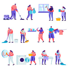 Set of Flat Cleaning and Repair Service Workers Characters. Cartoon People Service of Professional Cleaners at Work Mopping, Vacuuming Floor. Illustration.