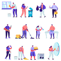 Set of Flat Household Activities, Husband for an Hour Set Characters. Cartoon Male Characters in Uniform Working with Instruments Fixing Broken Technics at Home. Illustration.