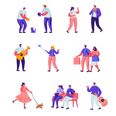 Fototapeta na wymiar Set of Flat Street Musicians and Pedestrians Characters. Cartoon Guitarist and Saxophonist Playing Music, People Watch Concert, Put Money in Hat. Illustration.