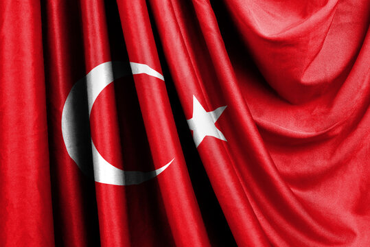 Flag of Turkey waving in the wind. Turkish national ensign. Crescent moon and the star illustration