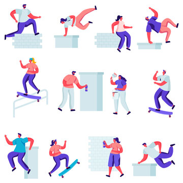 Set of Flat Teenagers Making Parkour Tricks Characters. Cartoon Young Men Jumping Over Walls and Barriers, Urban Culture, Active Lifestyle, Sport Outdoors. Illustration.