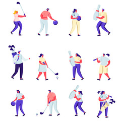 Fototapeta na wymiar Set of Flat People Playing Golf and Bowling Characters. Cartoon Summertime Outdoors and Indoors Fun Activity, Healthy Lifestyle. Illustration.