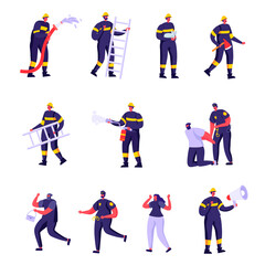 Set of Flat Firefighters, Policemen and Victims Characters. Cartoon Police Officers and Firemen at Work. Criminal Steal Bag, Male in Uniform Spraying Water. Illustration.