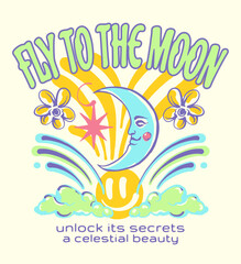 Creative print and poster design featuring the slogan Fly to the Moon with a depiction of the moon and colorful graphics including happy face and clouds