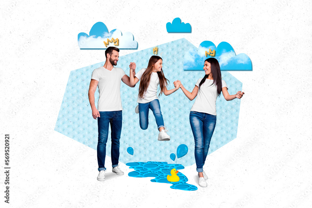 Sticker Creative photo collage illustration of positive cheerful people family hold hands walking rainy weather isolated on white color background