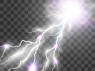 Vector image of realistic lightning. Flash of thunder on a transparent background.
