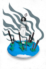 Creative retro 3d magazine collage image of impressed lady walking planet full of smog isolated...