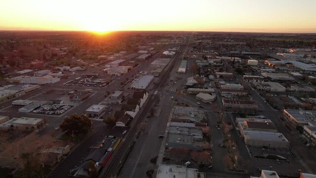 aerial push over turlock california at sunrise