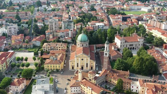 Aerial view of the city of Thiene in Veneto with mountain in the backgound