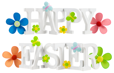 happy easter text lettering decorated with flowers and butterflies. Isolated on transparent background, head line for advertising banner or gift greeting card. Template for shopping promotional sale