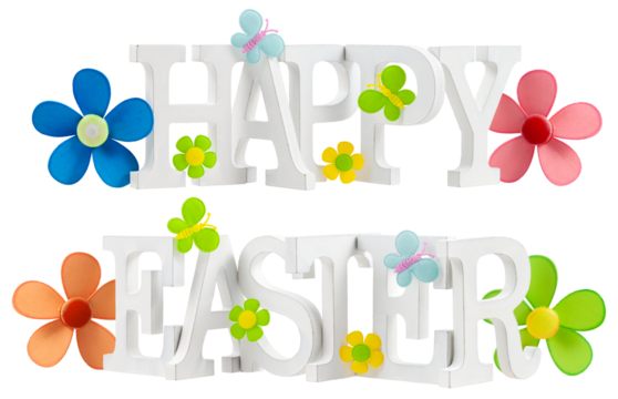happy easter text lettering decorated with flowers and butterflies. Isolated on transparent background, head line for advertising banner or gift greeting card. Template for shopping promotional sale