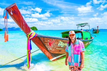 man on the beach in krabi thailand, tup island, chicken island 