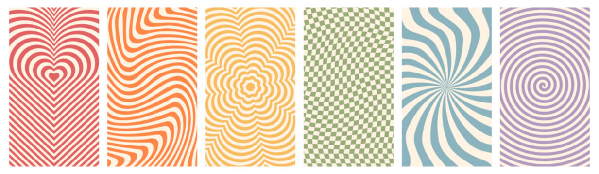 Fototapeta Abstract groovy backgrounds set. Retro design with distorted squares, waves, spirals. Vector swirl patterns for wallpapers, posters or covers.