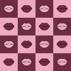 Seamless vector pattern with colored lips. Pink and burgundy elements in the squares. Fashion background for modern original designs, prints, textiles, fabrics, wallpapers, and wrappings.