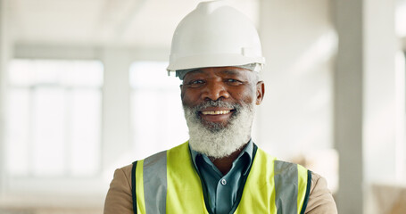 Senior black man, architect and portrait smile for construction or building project on site at the...