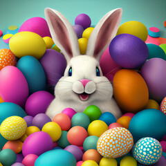 Fototapeta na wymiar Funny cartoon easter bunny with coloured painted eggs