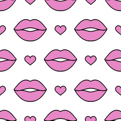Lips and hearts. Seamless vector pattern. Pink elements with black outlines on the white background. Fashion background for modern original designs, prints, textiles, fabrics, wallpapers, wrappings.