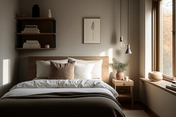 A bedroom with neutral colors and simple decor, featuring a comfortable bed, a nightstand