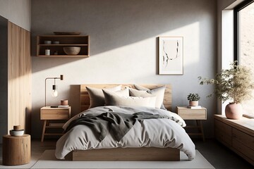 A bedroom with neutral colors and simple decor, featuring a comfortable bed, a nightstand