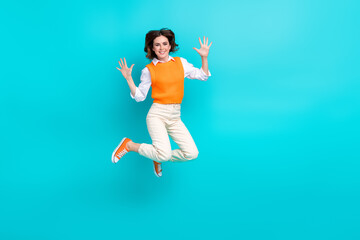 Fototapeta na wymiar Full body length photo of young overjoyed promoter businesswoman jump trampoline high five palms extra salary isolated on blue color background
