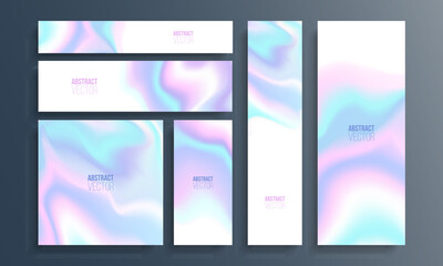 Set banners and flyers  with holographic effect. Futuristic holographic backgrounds with soft color gradient for your creative graphic design. Vector illustration.