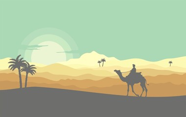 Fototapeta na wymiar Desert savanna oase with someone rides a camel illustration background, silhouette, palm, sunset editable