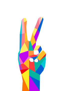Peace finger hand symbol illustration vector hands up pop art, WPAP style geometric playful, fun, colorful editable