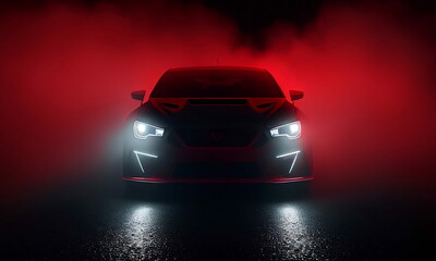 Imagined powerful sport car in the fog and smoke. Stylized front shot. AI generated.
