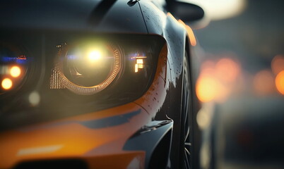 Imagined powerful sport car. Stylized close-up car headlight front shot. AI generated.