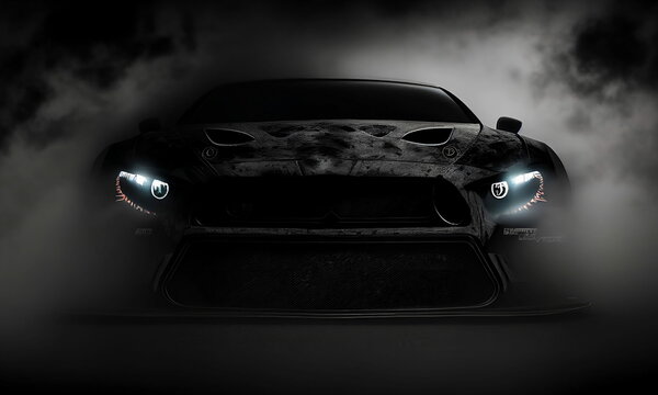 Imagined powerful sport car in the fog and smoke. Stylized front shot. AI generated.