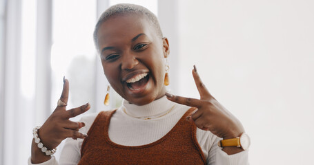 Hands, peace and face of black woman in the office with happiness, success and leadership in...