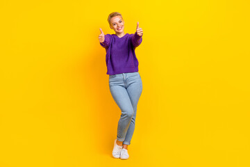 Full body portrait of nice cheerful lady two hands fingers demonstrate thumb up isolated on yellow color background