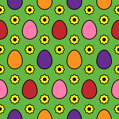 Colorful easter eggs and flowers on a green background. Seamless vector pattern. Flat vector illustration. For celebrating Easter designs, creative decorations, greeting cards, prints, papers, and web
