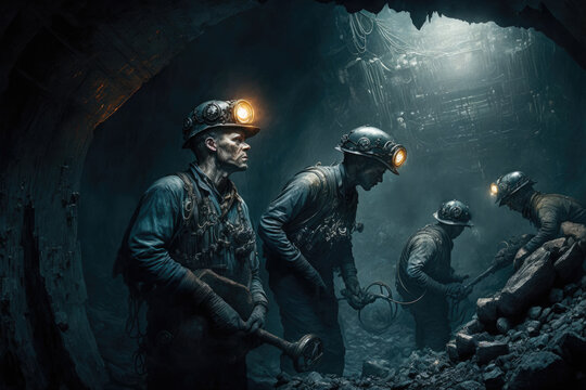 Miners with headlights working in a mine. Generation AI