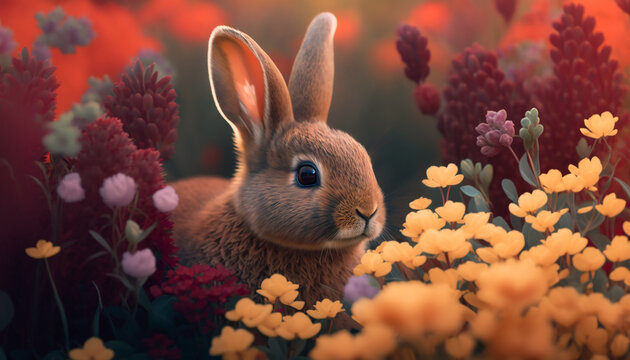 easter bunny with in a field with sping flowers