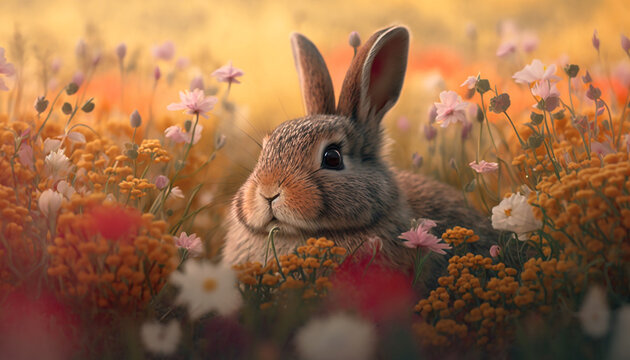 easter bunny with in a field with sping flowers