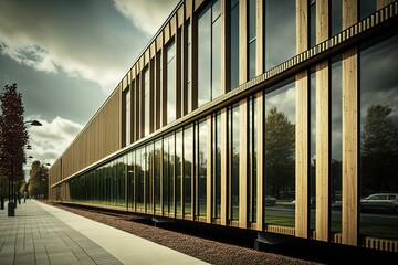 Fototapeta premium rail satation building facade made of glass and wood is a construction element that forms the outer covering or envelope of a building. It serves protective layer against the elements generative ai
