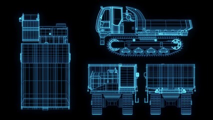 3D rendering illustration excavator blueprint glowing neon hologram futuristic show technology security for premium product business finance  